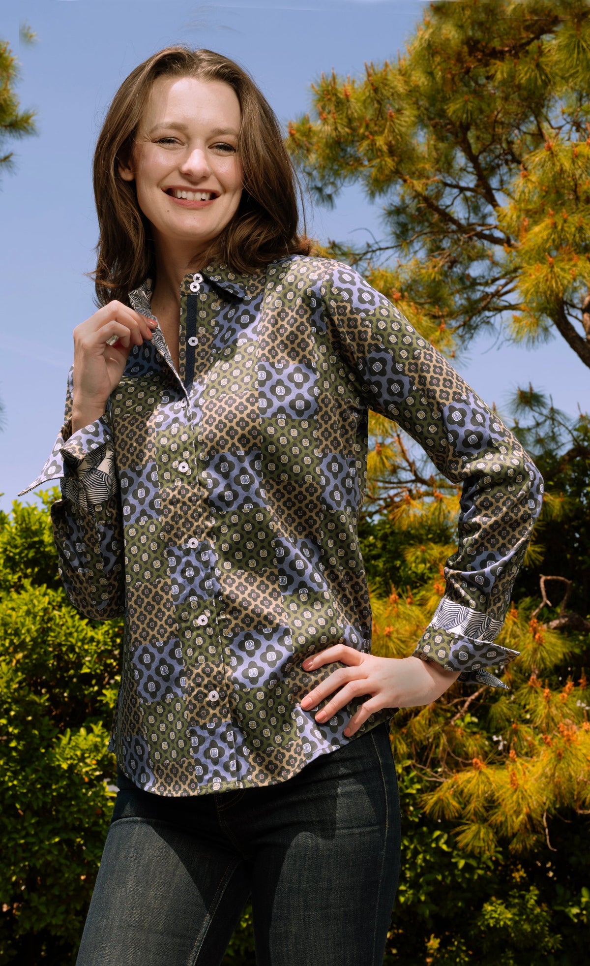Rome Shirt Navy Patchwork Foulard Print in XS - Casual Office Outfit - Printing T Shirt Cost (top)