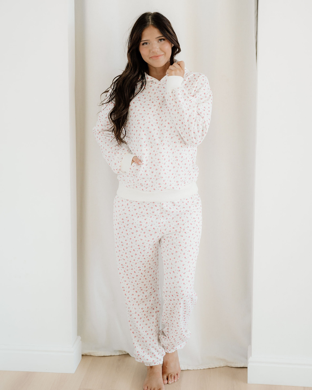 Rose Sweat Set Floral Kangaroo Pocket Hoodie Pants Set Pink view 3 (bottom) - sweat hoodie rose, purpos - shop at us.meeeshop