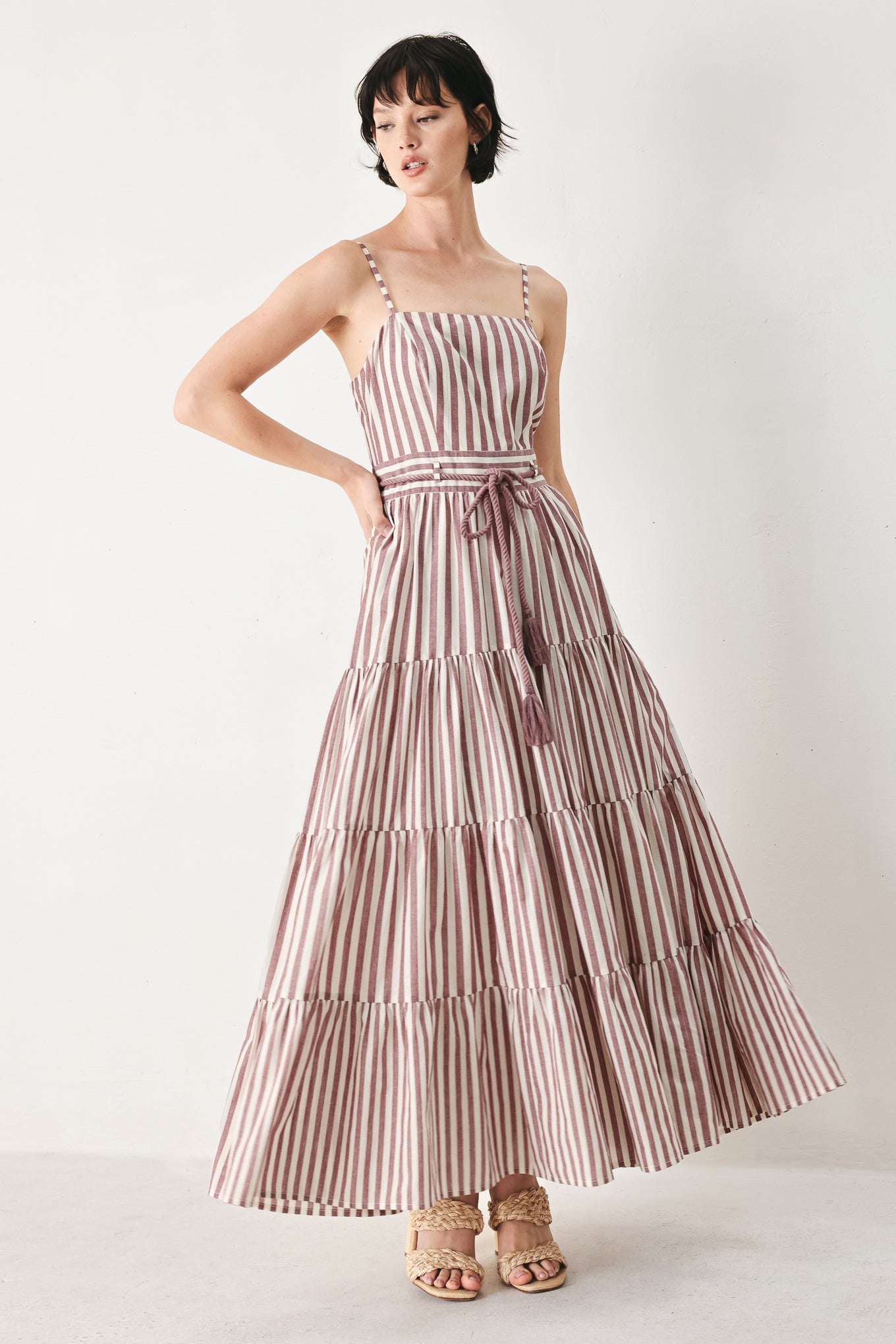 Rosy Breeze Woven Ankle Dress in BURGUNDY/NATURAL view 6 - Breeze Pink Dress