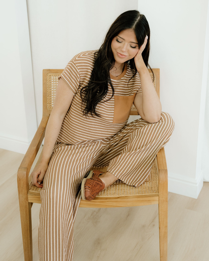 rowen stripe crew Rowen Stripe Crew Neck Tee Drawstring Waist Cropped Pants Set view 3 (top) - shop at us.meeeshop