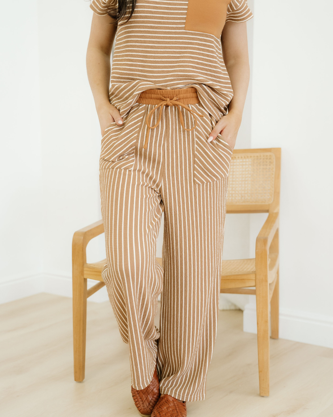rowen stripe crew Rowen Stripe Crew Neck Tee Drawstring Waist Cropped Pants Set view 5 (top) - shop at us.meeeshop