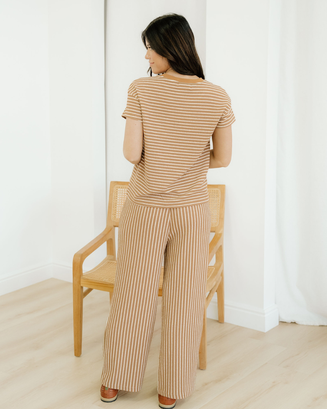 rowen stripe crew Rowen Stripe Crew Neck Tee Drawstring Waist Cropped Pants Set view 9 (top) - shop at us.meeeshop