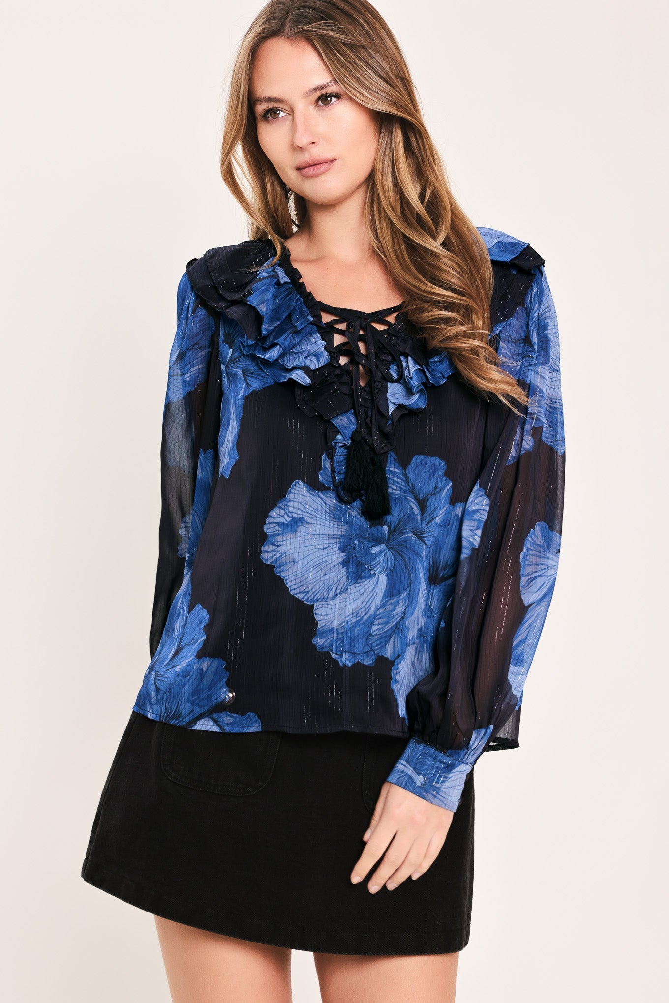 Royal Bloom Fantasia Woven Blouse in BLACK / BLUE - Royal Blue Blouse Women'S (top)
