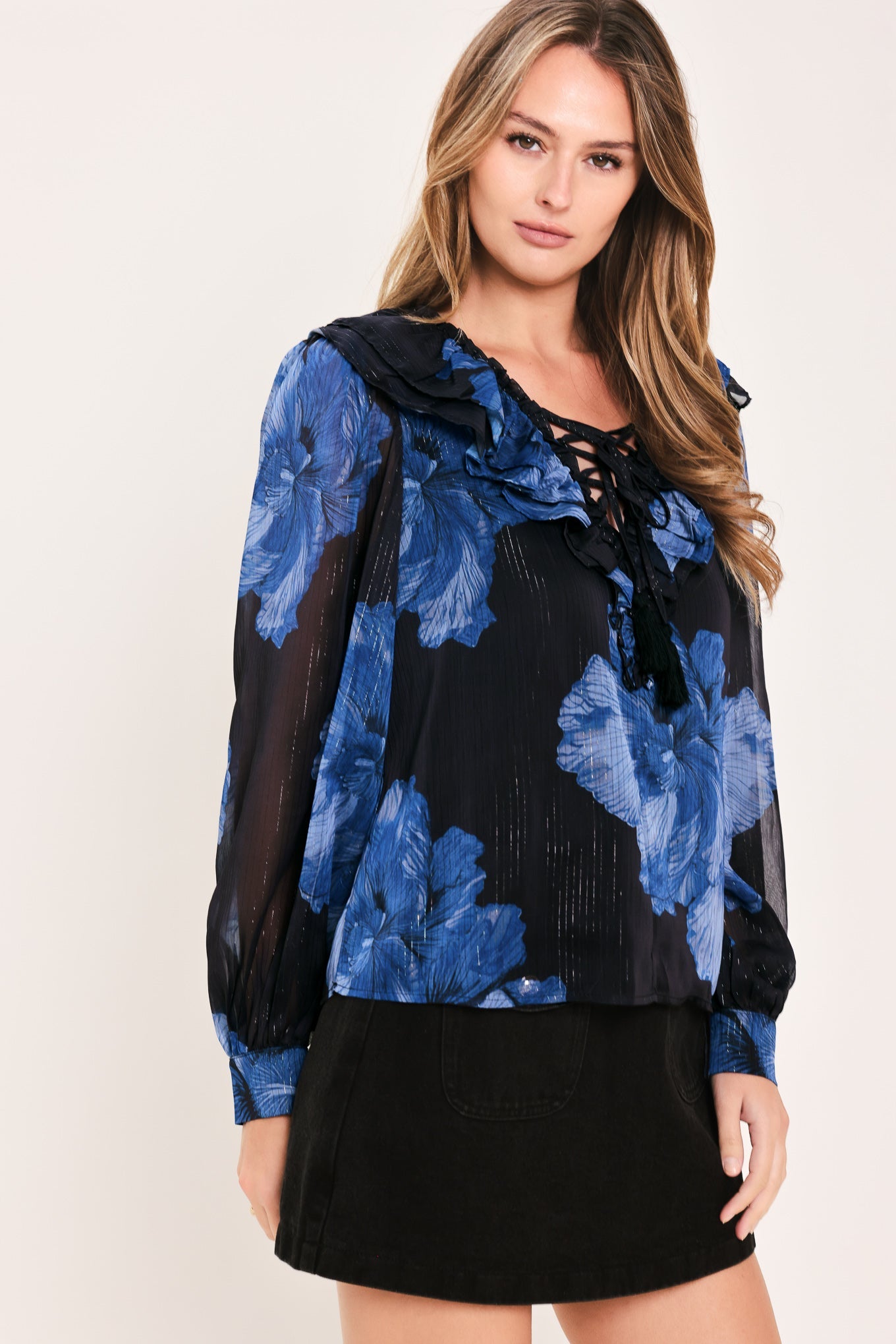 Royal Bloom Fantasia Woven Blouse in BLACK / BLUE view 4 - Royal Blue Blouse Women'S (top)