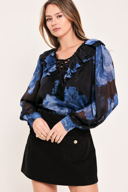 Royal Bloom Fantasia Woven Blouse in BLACK / BLUE view 5 - Royal Blue Blouse Women'S (top)