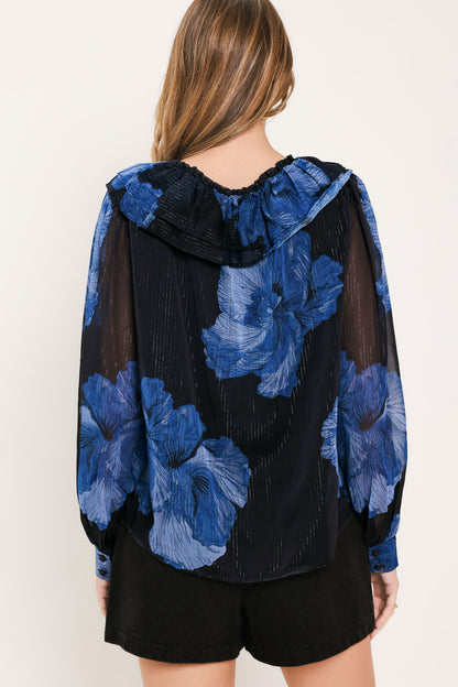 Royal Bloom Fantasia Woven Blouse in BLACK / BLUE view 6 - Royal Blue Blouse Women'S (top)