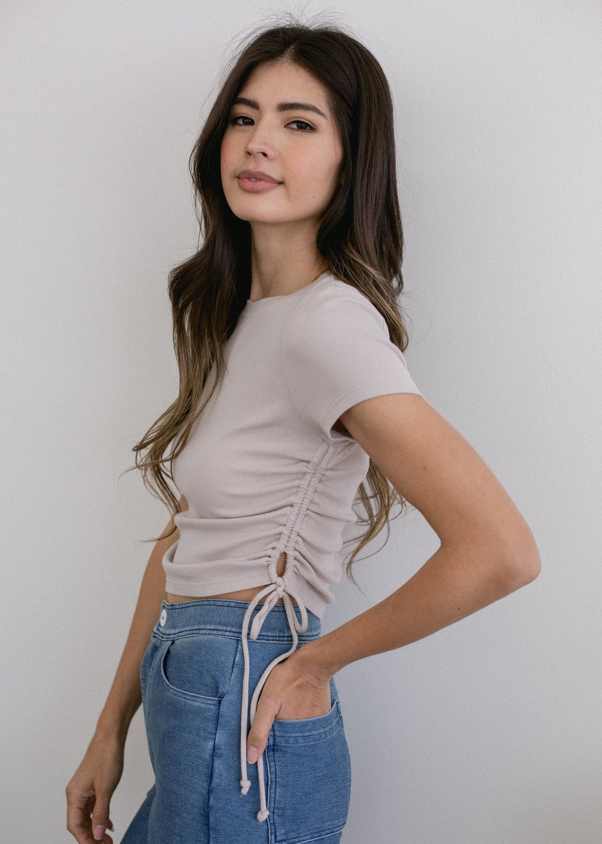Ruched Ribbed Crop Tee - MeeeShop Women's Fashion