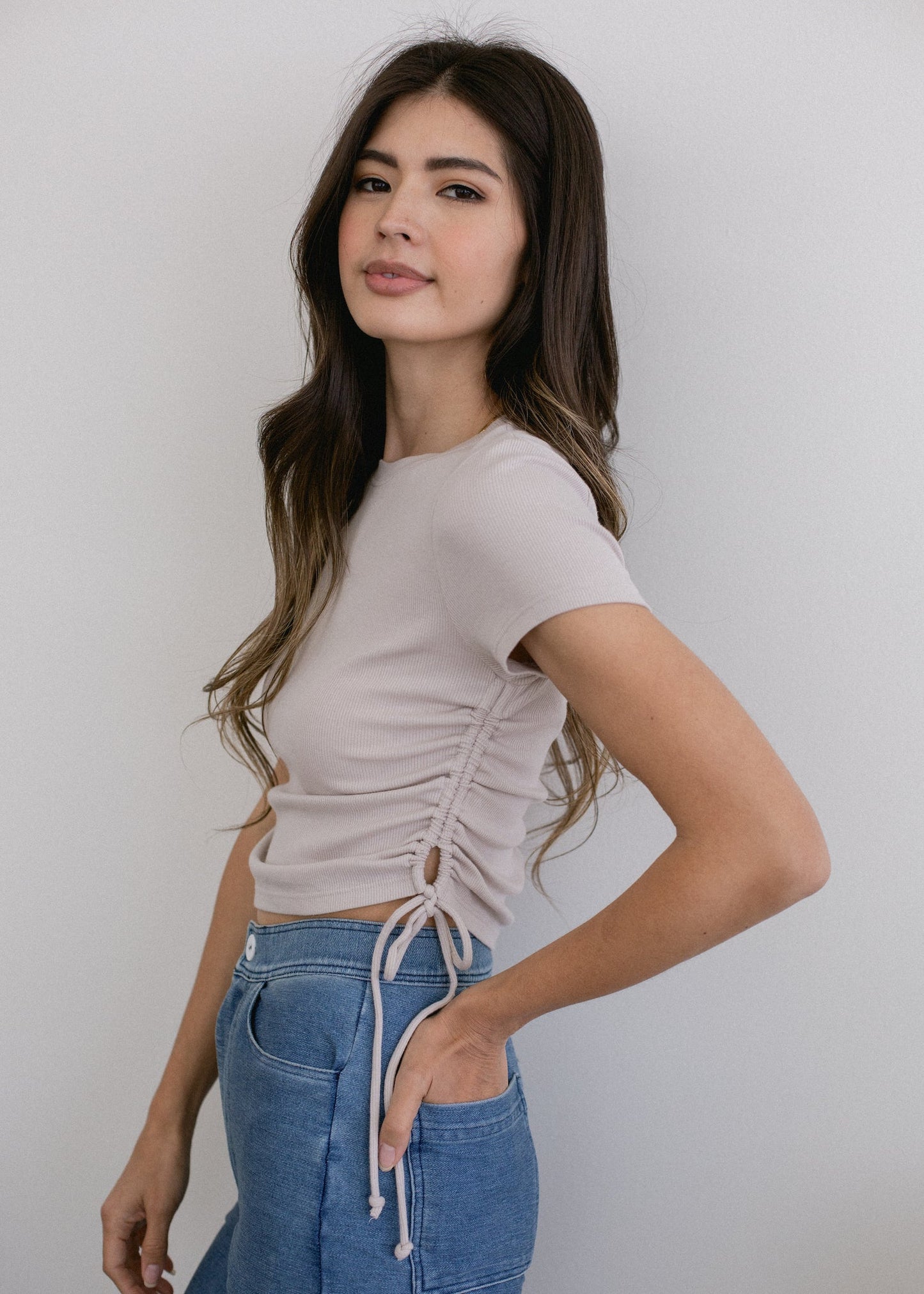Ruched Ribbed Crop Tee in XS (top)