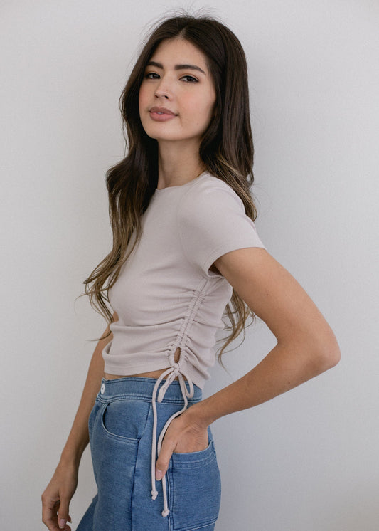 Ruched Ribbed Crop Tee in XS (top)