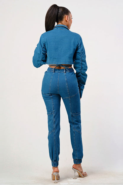 Ruched Sleeve Cropped Denim Jacket - MeeeShop Women's Fashion