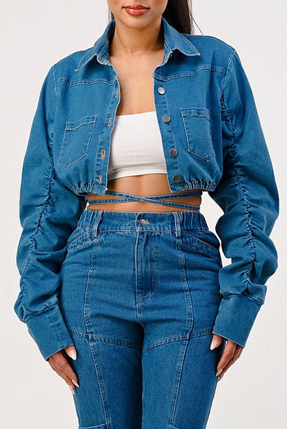 Ruched Sleeve Cropped Denim Jacket in S - Ruched Cropped Blazer (bottom)