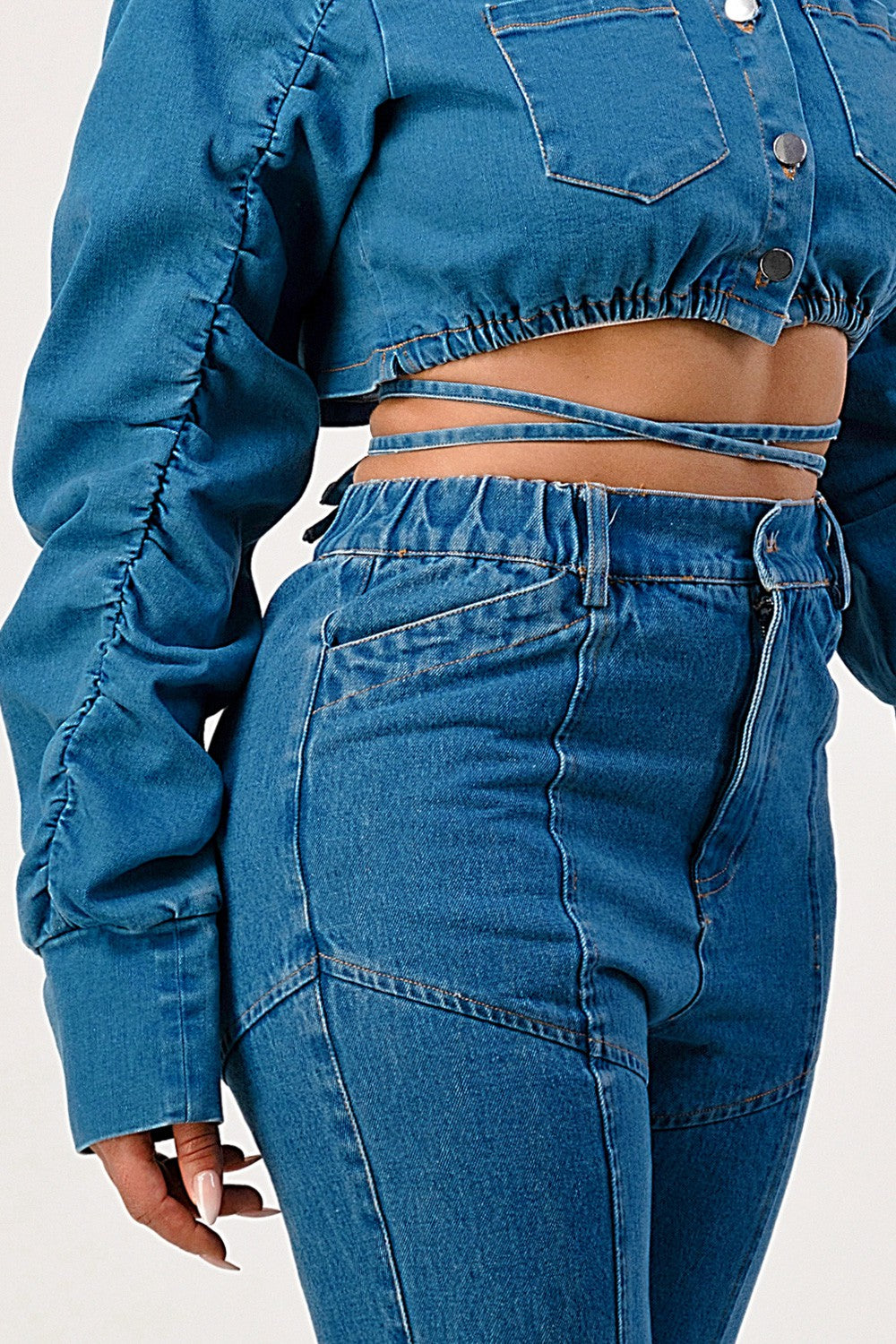 Ruched Sleeve Cropped Denim Jacket view 4 - Ruched Cropped Blazer (bottom)