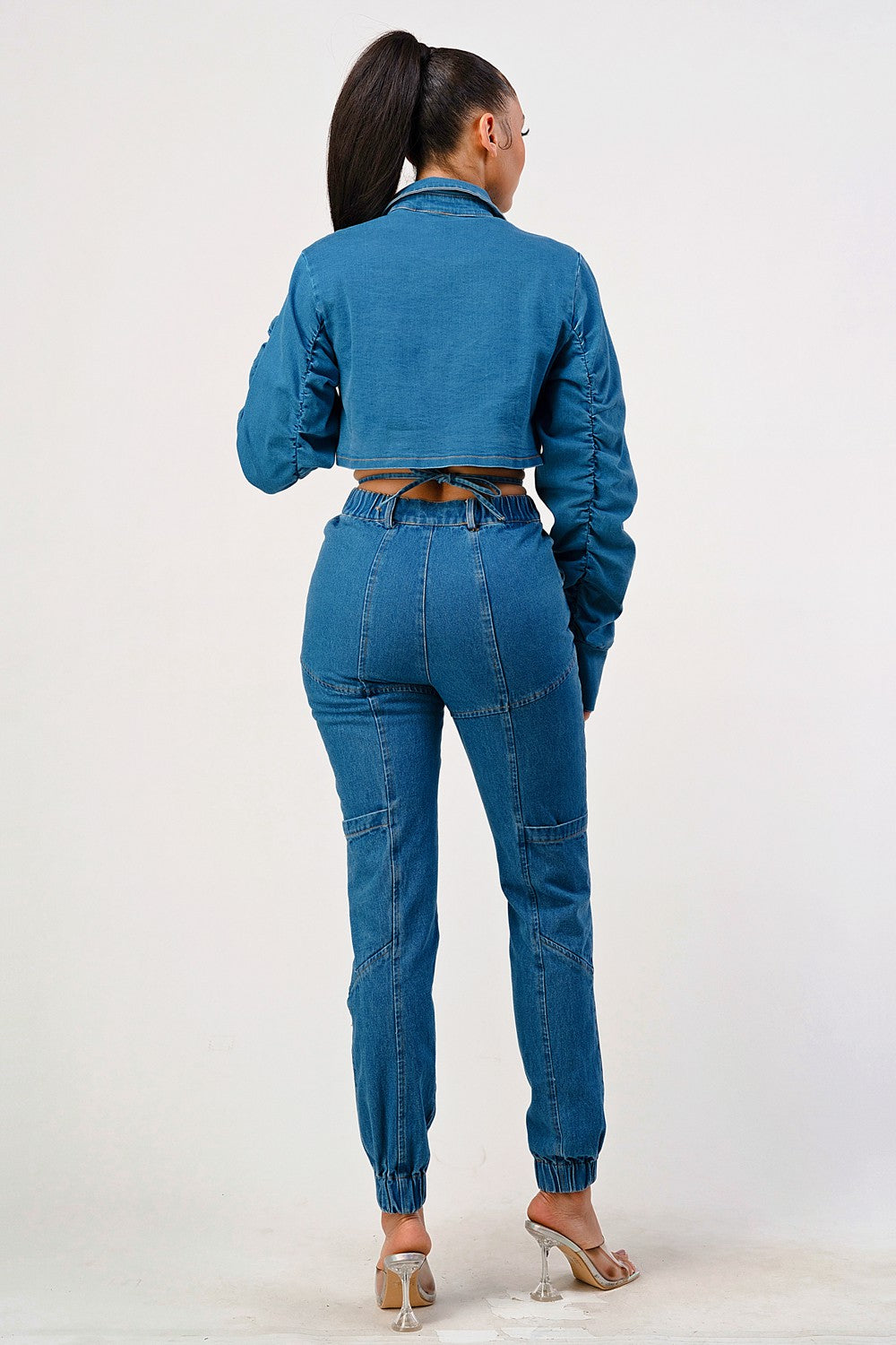 Ruched Sleeve Cropped Denim Jacket view 5 - Ruched Cropped Blazer (bottom)