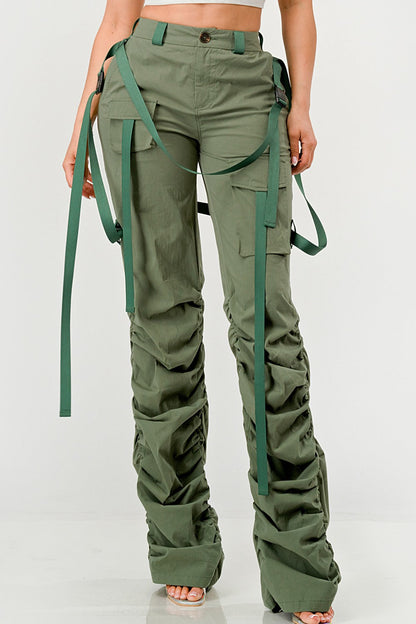 Ruched Utility Elegance Pants in OLIVE - Ruched Cargo Pants (bottom)