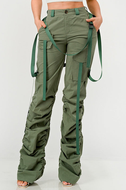 Ruched Utility Elegance Pants in OLIVE view 2 - Ruched Cargo Pants (bottom)
