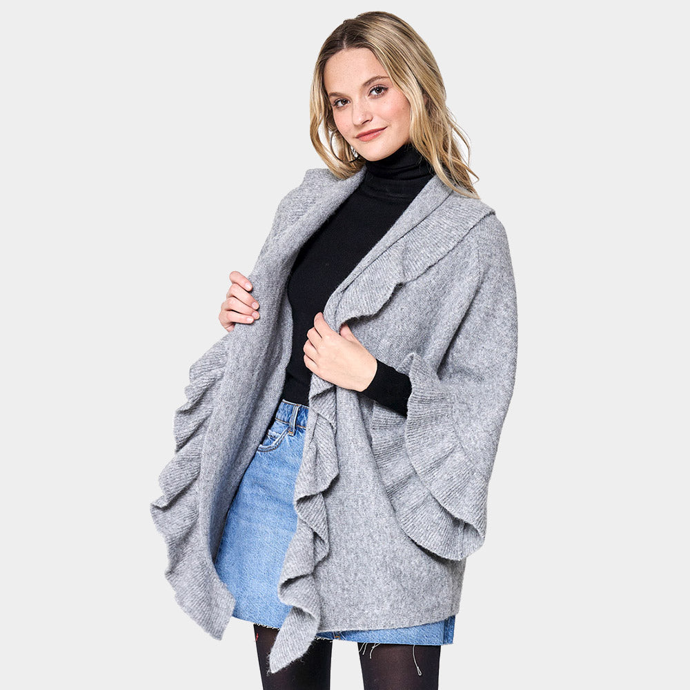 Ruffle Knit Cardigan Top in Gray view 4 - Fall Wardrobe Essential - Ruffle Knit Cardigan Cotton On