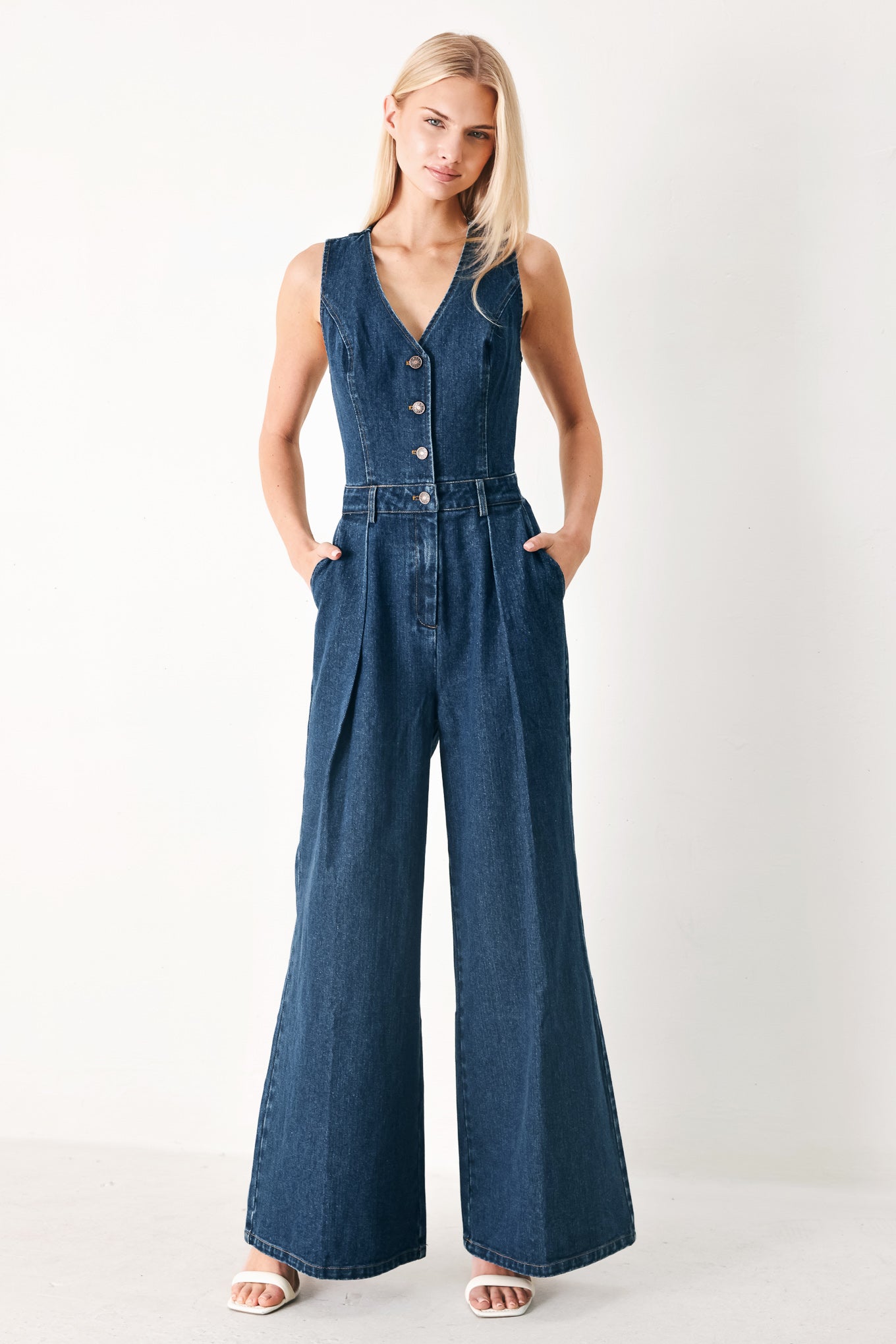 Runway Hit Line Denim Jumpsuit in INDIGO DENIM view 3 - Runway Jumpsuits (bottom)