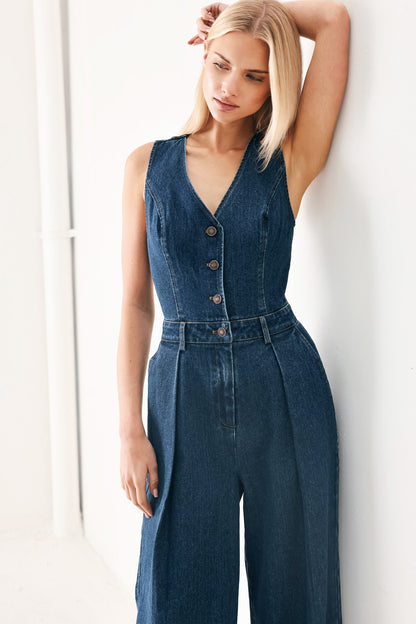 Runway Hit Line Denim Jumpsuit in INDIGO DENIM view 4 - Runway Jumpsuits (bottom)