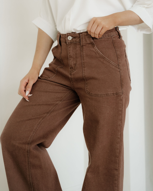 Rylan Retro Washed Patch Pocket Loose Jeans in Dark Brown - Relaxed Fit (bottom)