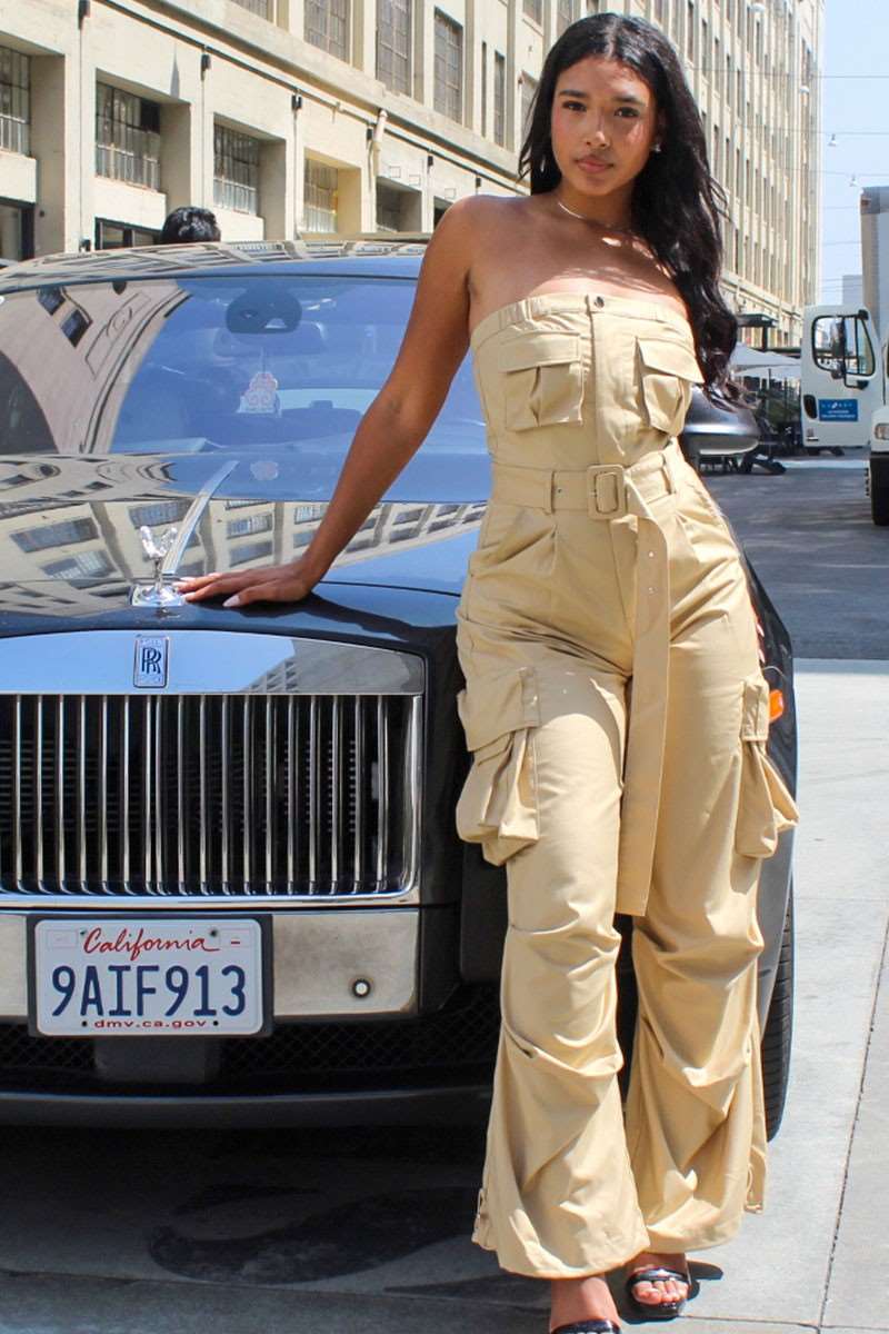 Safari Multi Pocket Belted Jumpsuit - MeeeShop Women's Fashion