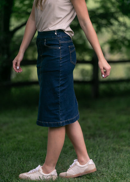 Sandra Dark Wash Denim Midi Skirt in 18 view 9 (dress)