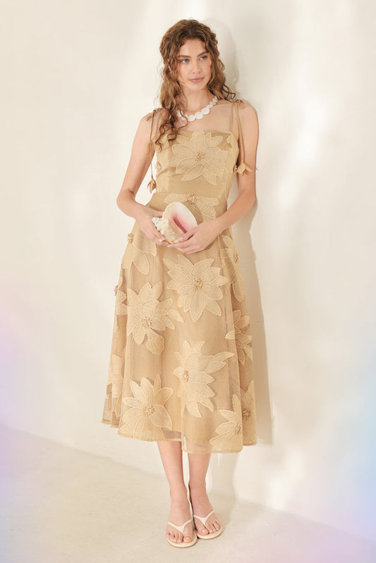Sandy Bloom Floral Woven Lace Midi Dress in TAN - Sandra Bloom Dress