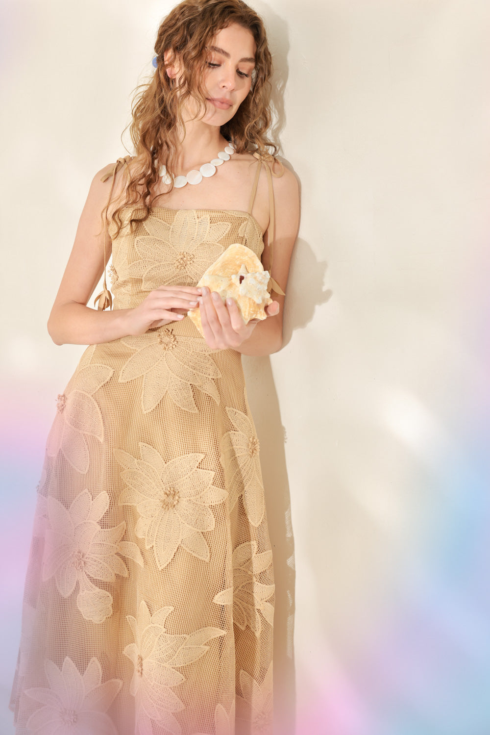 Sandy Bloom Floral Woven Lace Midi Dress in TAN view 2 - Sandra Bloom Dress