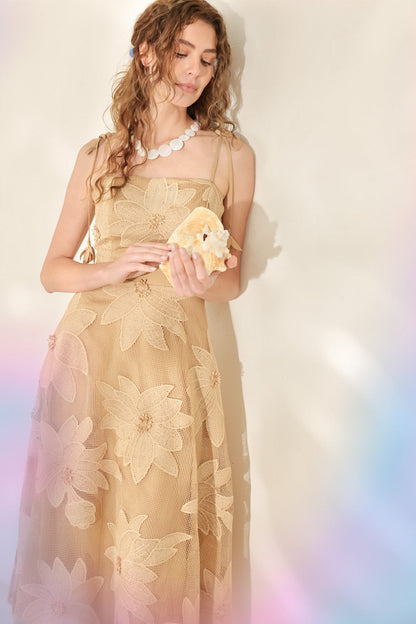 Sandy Bloom Floral Woven Lace Midi Dress in TAN view 2 - Sandra Bloom Dress