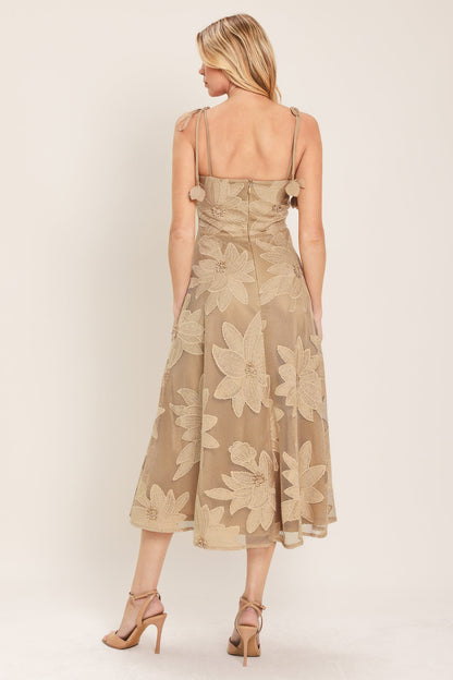 Sandy Bloom Floral Woven Lace Midi Dress in TAN view 6 - Sandra Bloom Dress