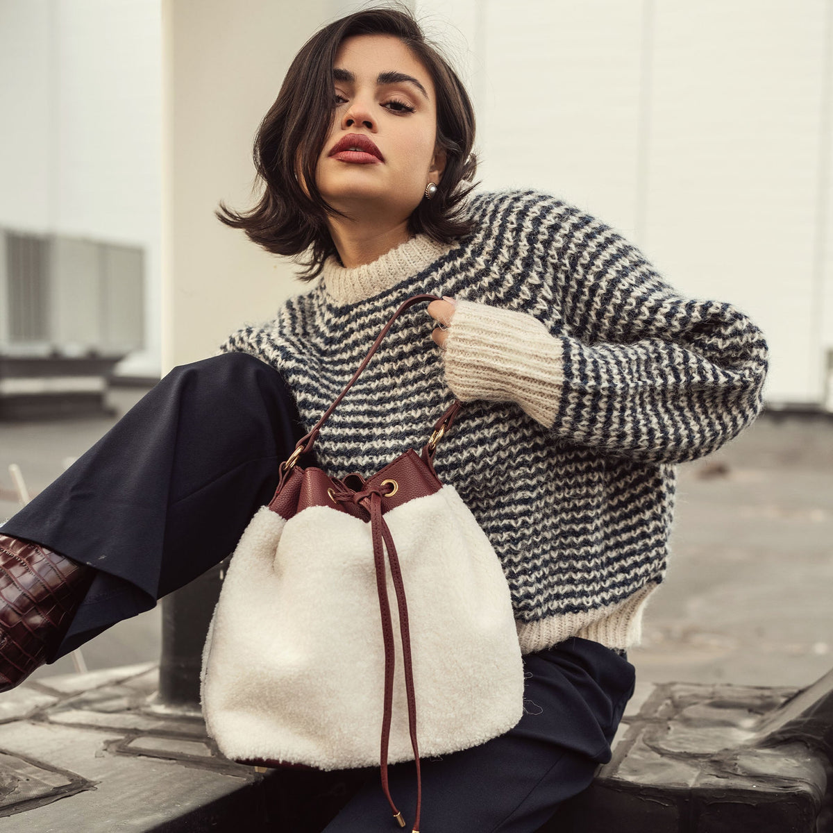 Saryn Faux Fur Bucket Bag and Set in Brown view 2 - Farryn Crossbody Bag (one-piece)