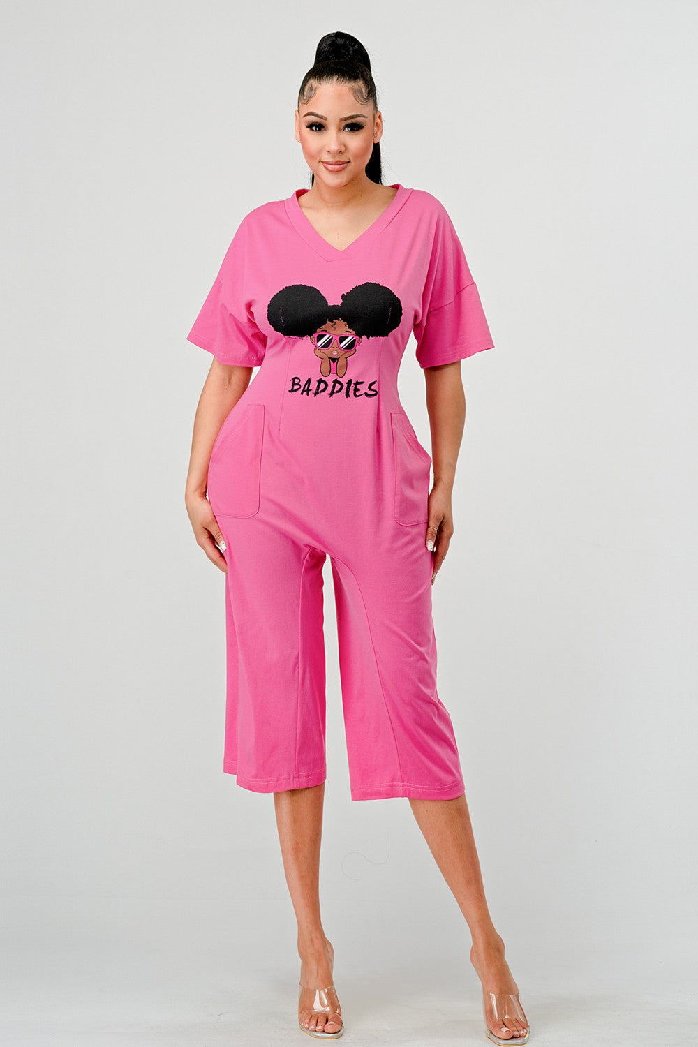 Sassy Chic: Bubblegum Pink Graphic Baddies Jumpsuit Pajamas in Small - Sassy Classy Jumpsuit (one-piece)