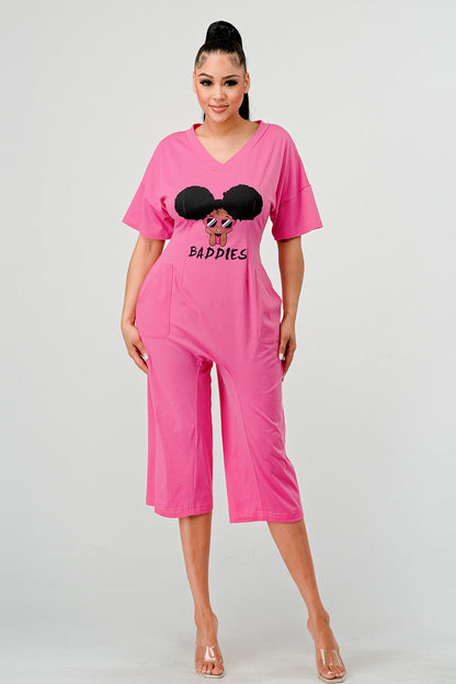 Sassy Chic: Bubblegum Pink Graphic Baddies Jumpsuit Pajamas - MeeeShop Women's Fashion