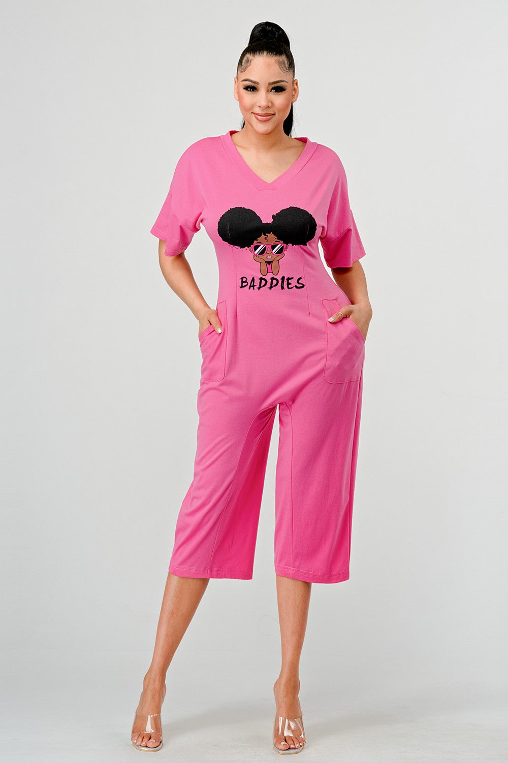 Sassy Chic: Bubblegum Pink Graphic Baddies Jumpsuit Pajamas in Medium view 2 - Sassy Classy Jumpsuit (one-piece)