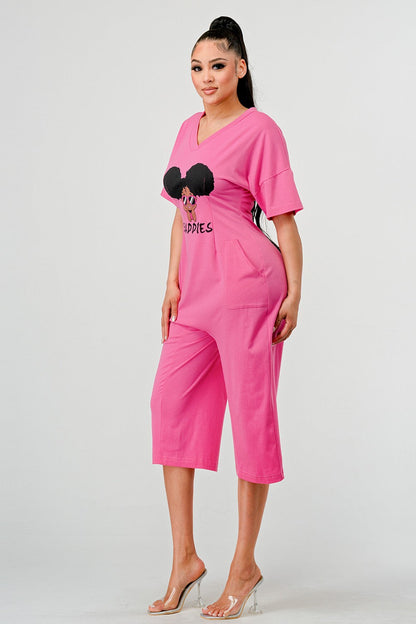 Sassy Chic: Bubblegum Pink Graphic Baddies Jumpsuit Pajamas in Large view 3 - Sassy Classy Jumpsuit (one-piece)