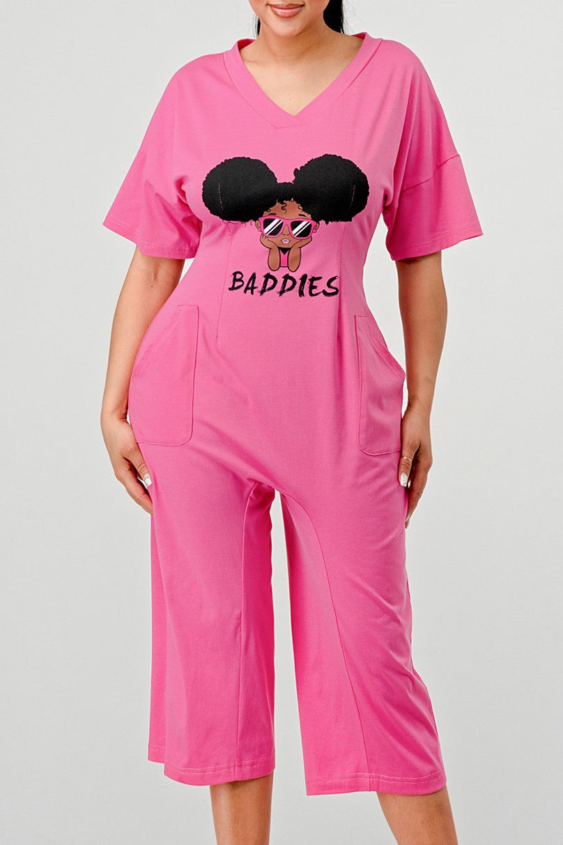 Sassy Chic: Bubblegum Pink Graphic Baddies Jumpsuit Pajamas view 4 - Sassy Classy Jumpsuit (one-piece)