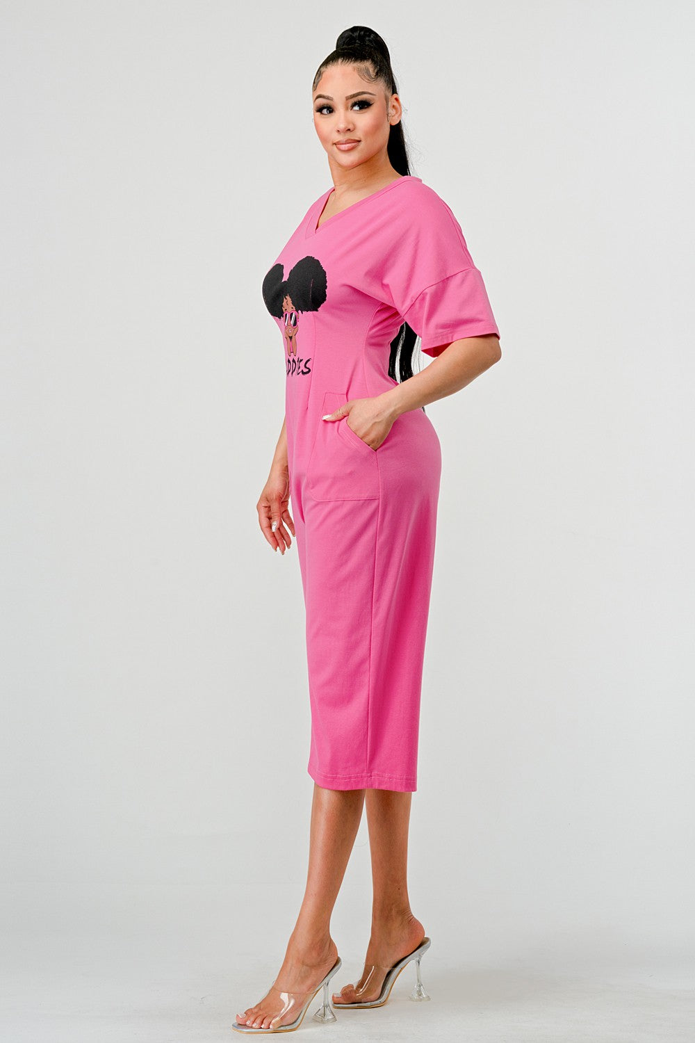 Sassy Chic: Bubblegum Pink Graphic Baddies Jumpsuit Pajamas view 6 - Sassy Classy Jumpsuit (one-piece)