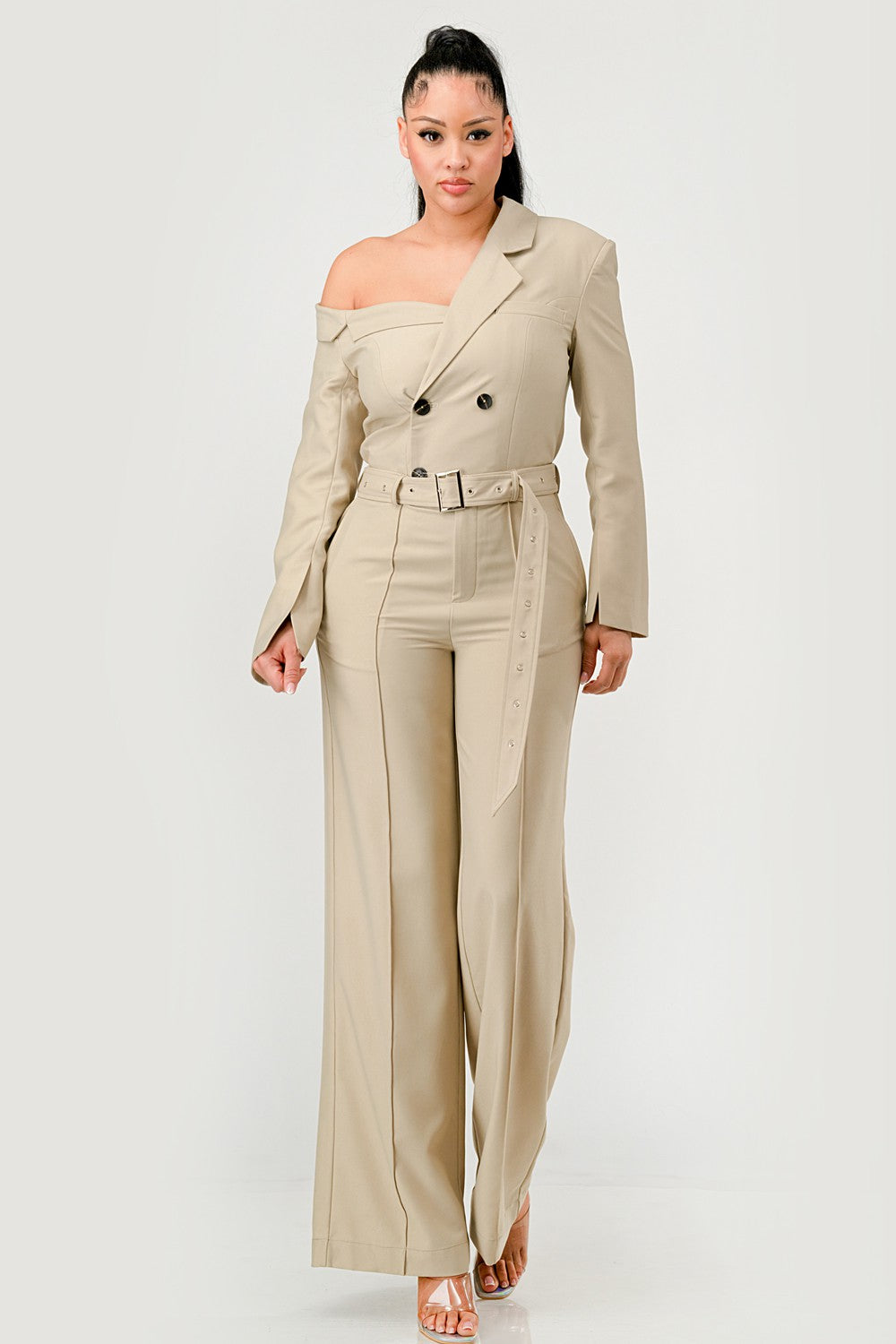 Savannah Elegance Trench Jumpsuit in Sand (layer)