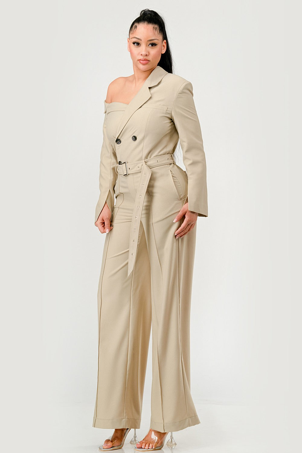 Savannah Elegance Trench Jumpsuit in Sand view 2 (layer)