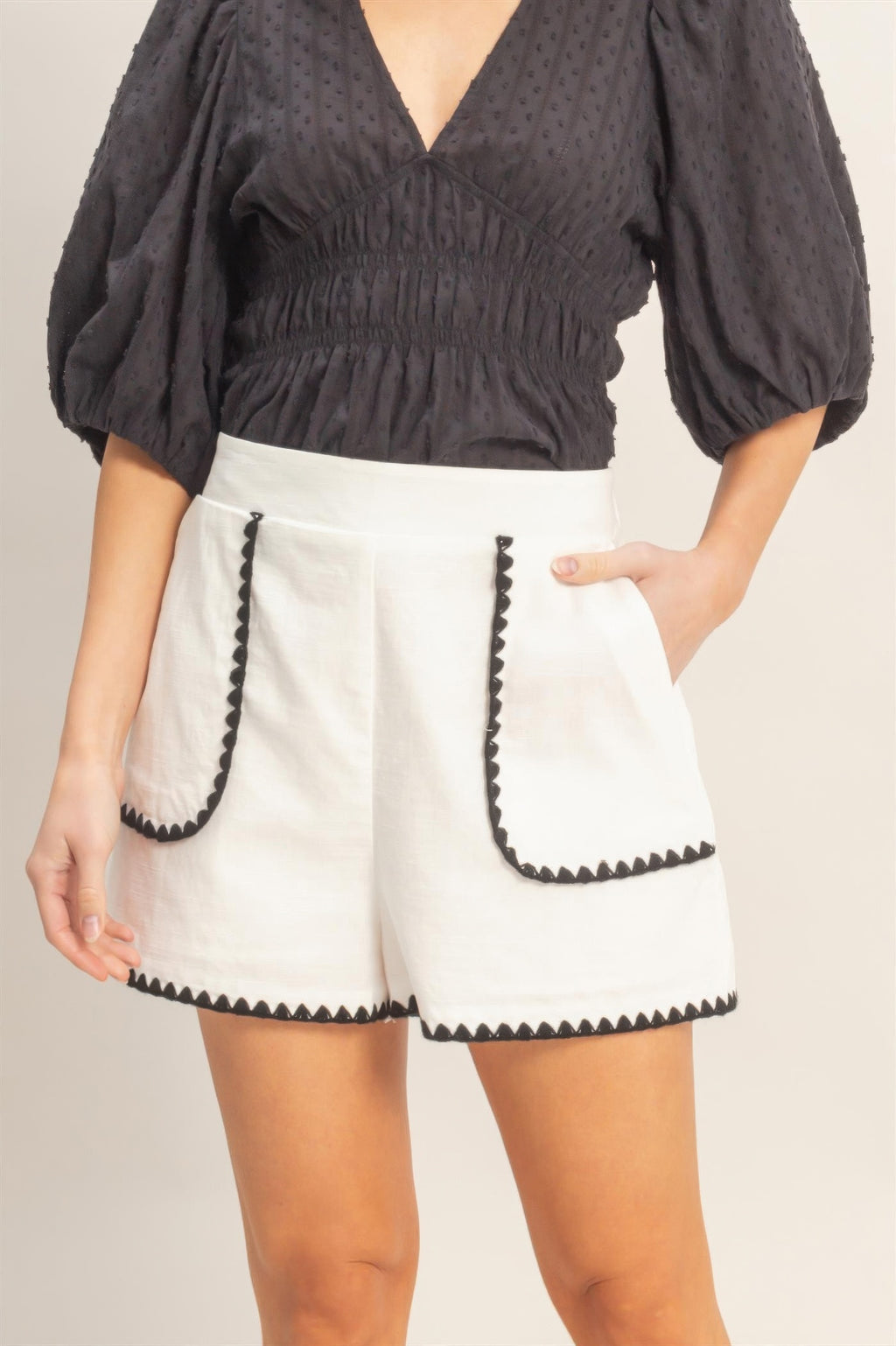 Scallop Trim High-waisted Shorts Black view 7 (bottom) - scallop edge shorts, scallop edge shorts women - shop at us.meeeshop