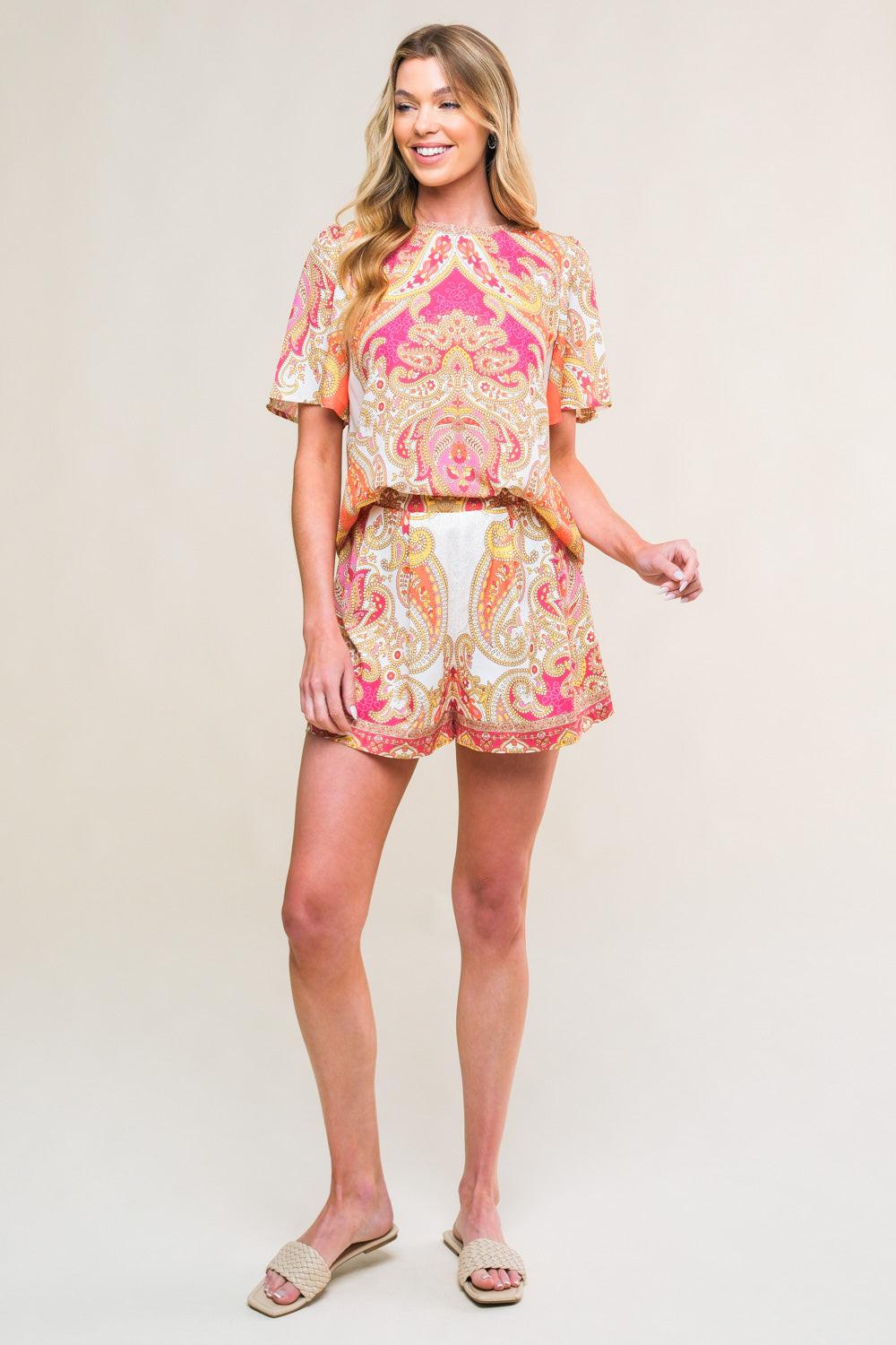 Scarlet Symphony Woven Top and Short Set FUCHSIA ORANGE view 3 (top) - scarlet symphony trophy guide, s - shop at us.meeeshop