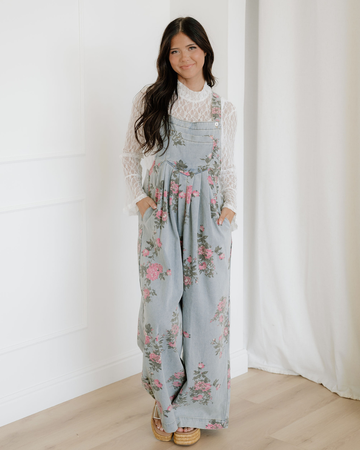 Scottie Floral Print Pleated High Waist Wide Leg Denim Jumpsuit in Gray - High-Waisted (bottom)