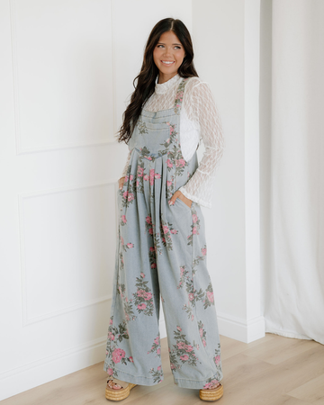 Scottie Floral Print Pleated High Waist Wide Leg Denim Jumpsuit in Gray view 2 - High-Waisted (bottom)