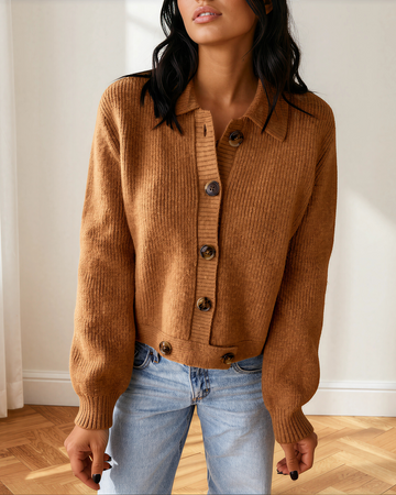 Scottie Ribbed Knit Collar Button Front Long Sleeve Cardigan Top in S - Fall Wardrobe Essential - Top Cardigan