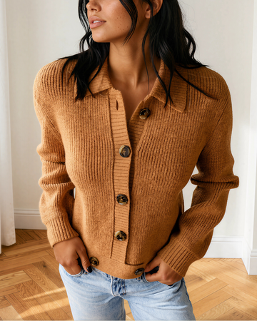 Scottie Ribbed Knit Collar Button Front Long Sleeve Cardigan Top in M view 2 - Fall Wardrobe Essential - Top Cardigan