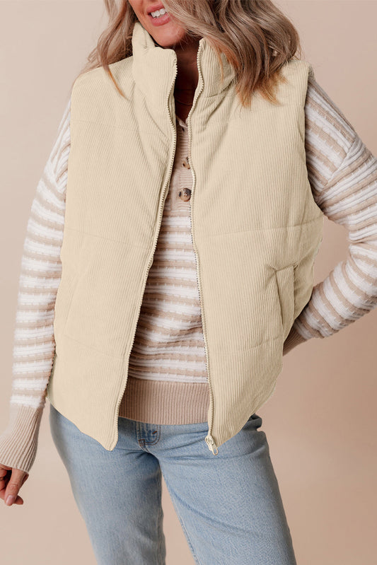 Scottie Solid Color Corduroy Puffer Vest Coat - Beige in Beige - Beige Coat (layer)