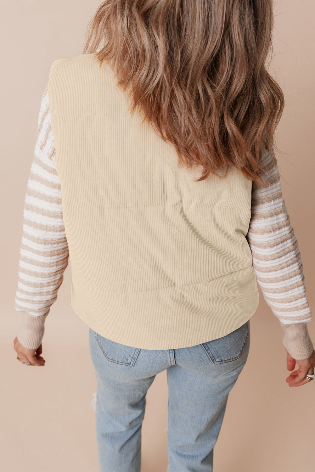 Scottie Solid Color Corduroy Puffer Vest Coat - Beige in Beige view 2 - Beige Coat (layer)