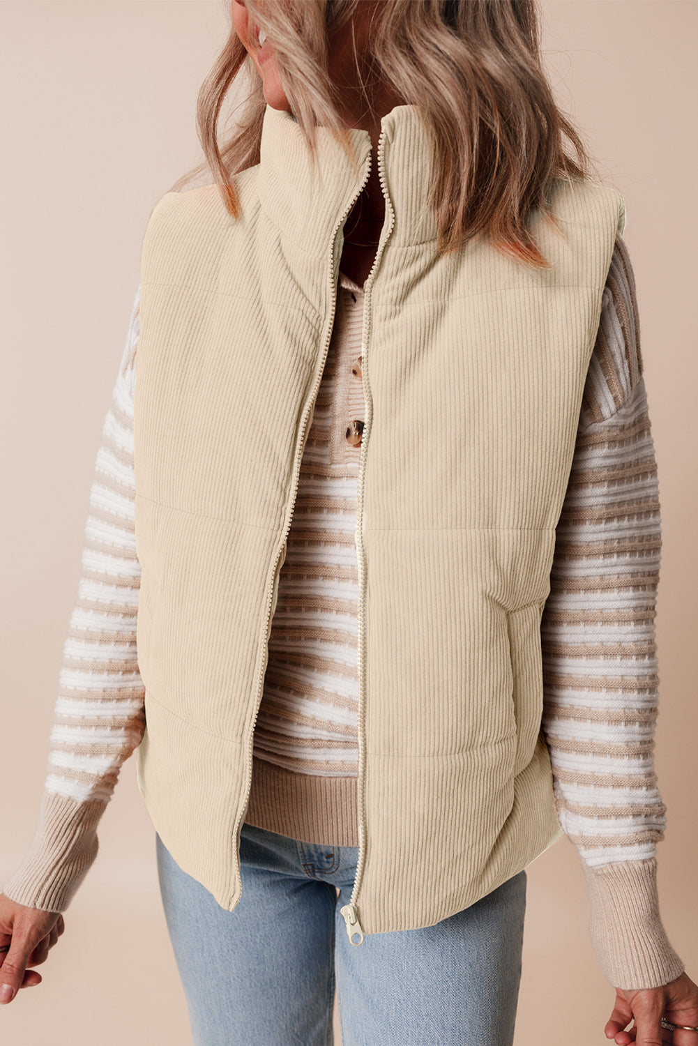 Scottie Solid Color Corduroy Puffer Vest Coat - Beige in Beige view 4 - Beige Coat (layer)