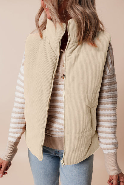 Scottie Solid Color Corduroy Puffer Vest Coat - Beige in Beige view 4 - Beige Coat (layer)