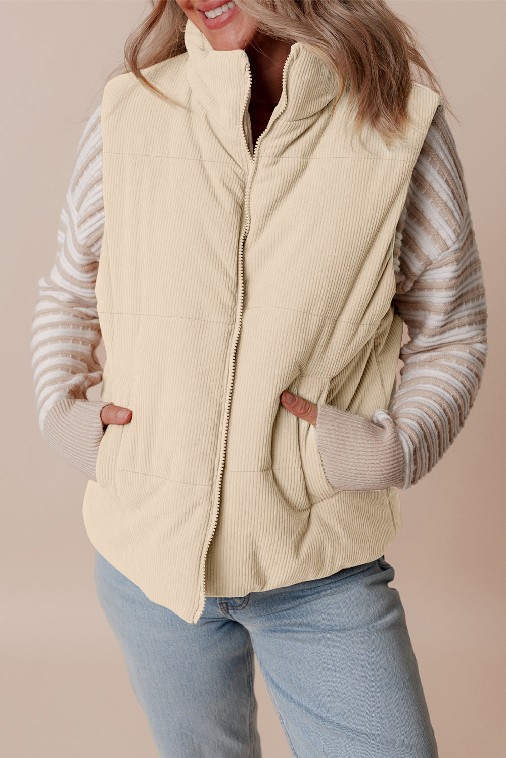 Scottie Solid Color Corduroy Puffer Vest Coat - Beige in Beige view 5 - Beige Coat (layer)