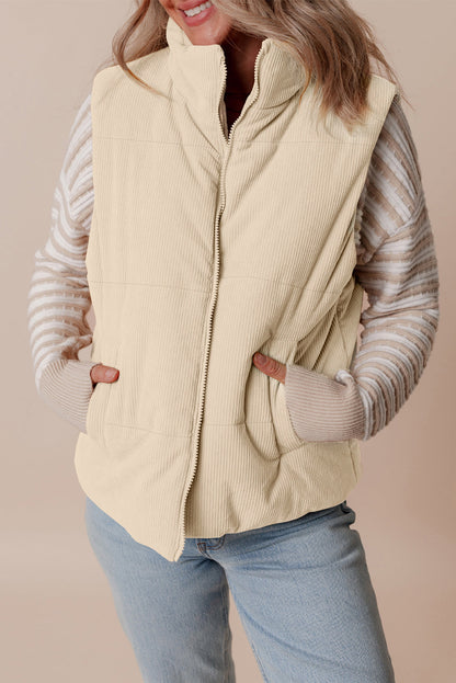 Scottie Solid Color Corduroy Puffer Vest Coat - Beige in Beige view 5 - Beige Coat (layer)